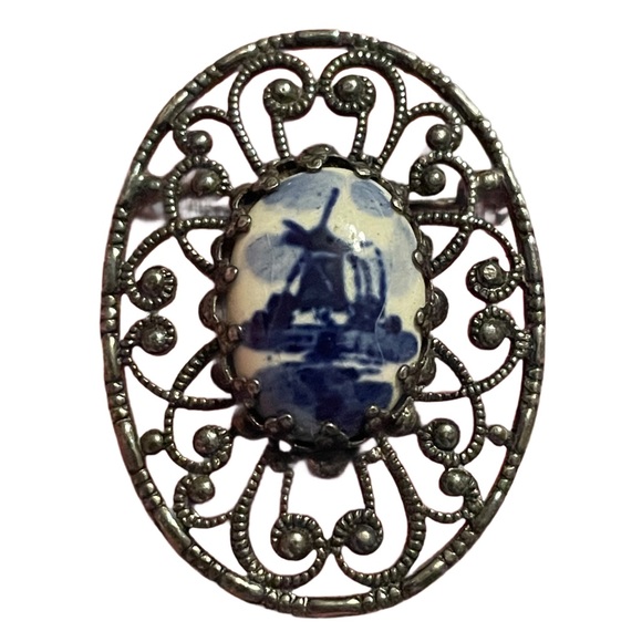 Vintage Jewelry - Vintage Delft Windmill Brooch